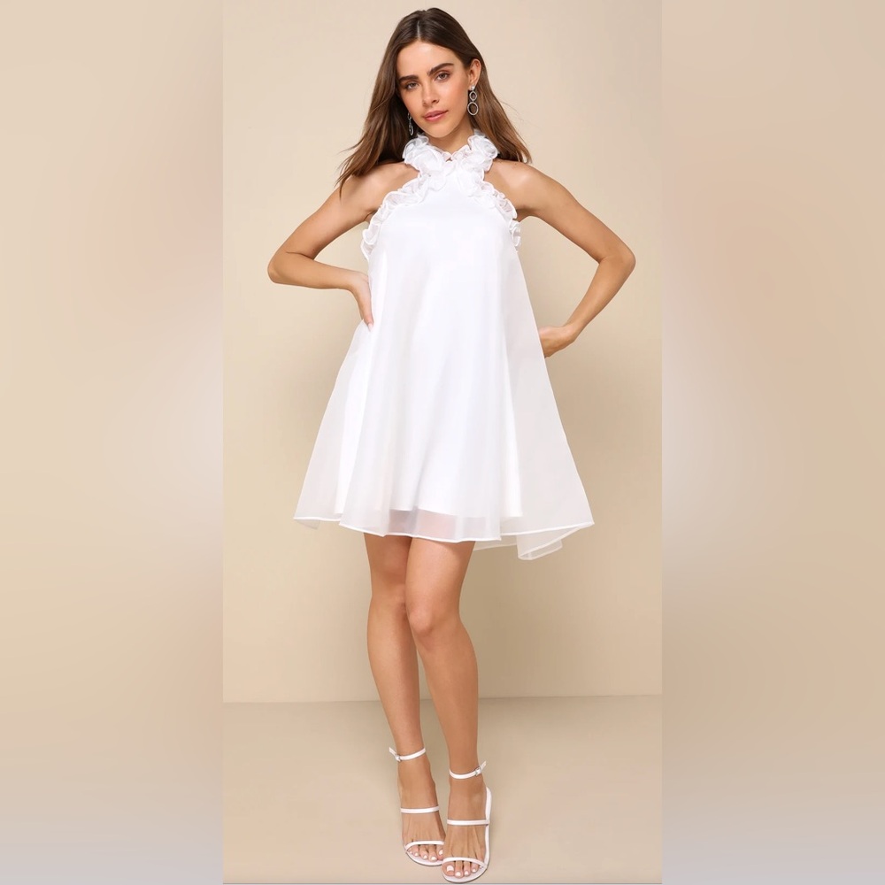 NWT Lulus White Organza Ruffled Halter Mini Dress